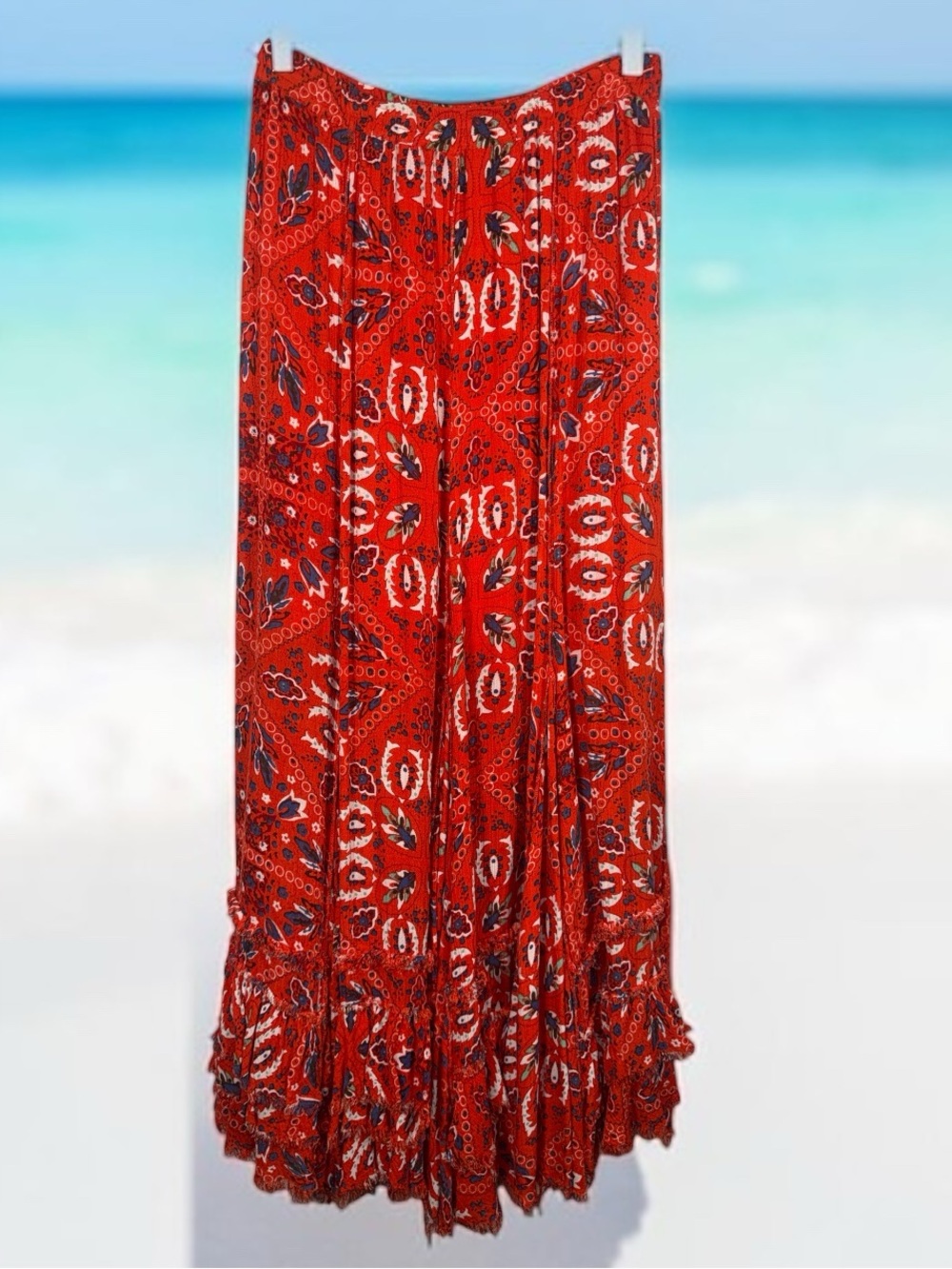 Red Boho Maxi Skirt with Paisley Print